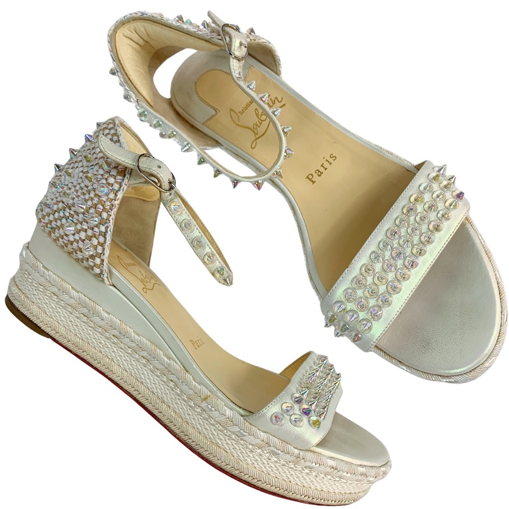 CHRISTIAN LOUBOUTIN Madmonica 60mm Studded Espadrilles Leather Low Wedge Sandals